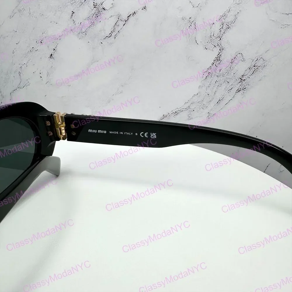 New MIU MIU Sunglasses Black Acetate Oval Gold Metal Logo Authentic Italy